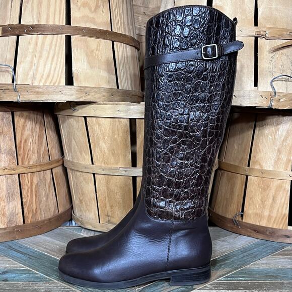 Clarks Hopedale Wish Brown Croc Embossed Leather Tall Riding Boots Womens Size 8 - Picture 2 of 16